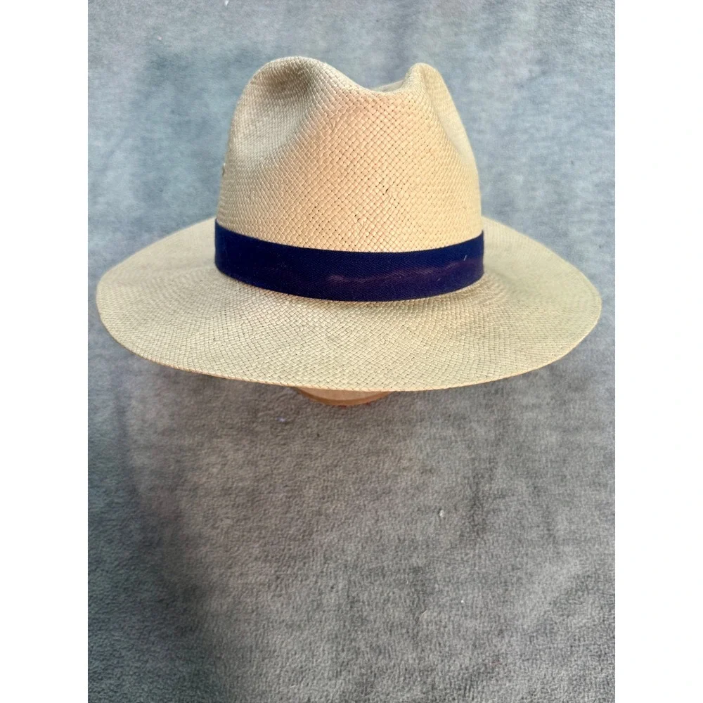 Dobbs Fifth Avenue Straw Fedora Hat Tan Navy Blue Band Mens‎ Vintage Style
